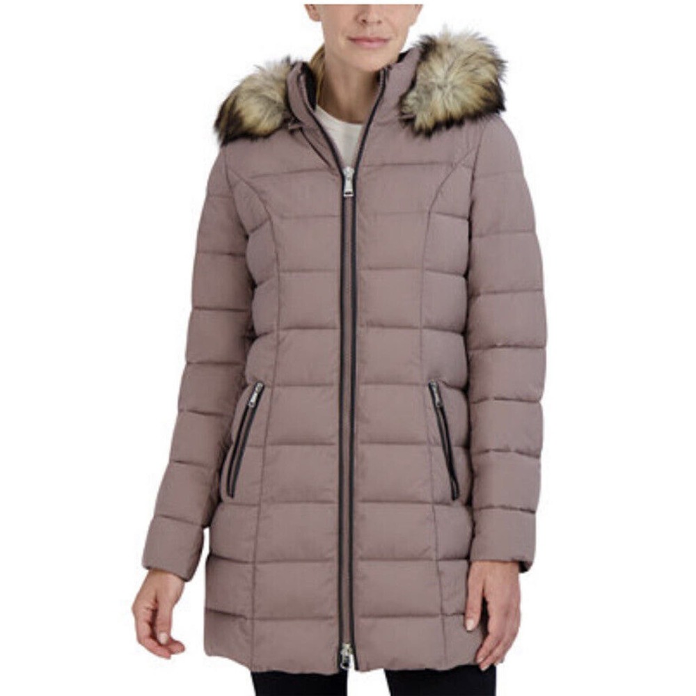 Laundry Shelli Segal Quilted Faux Fur Trim Mid-Length Puffer Winter Coat XSmall